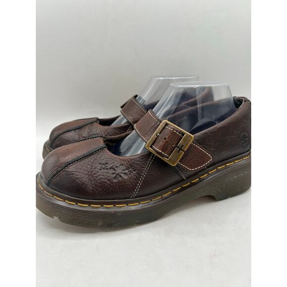 RARE Vtg Dr. Martens Women's 9Brown Leather Daisy Flower ShoesChunky Mary Jane - Picture 2 of 10